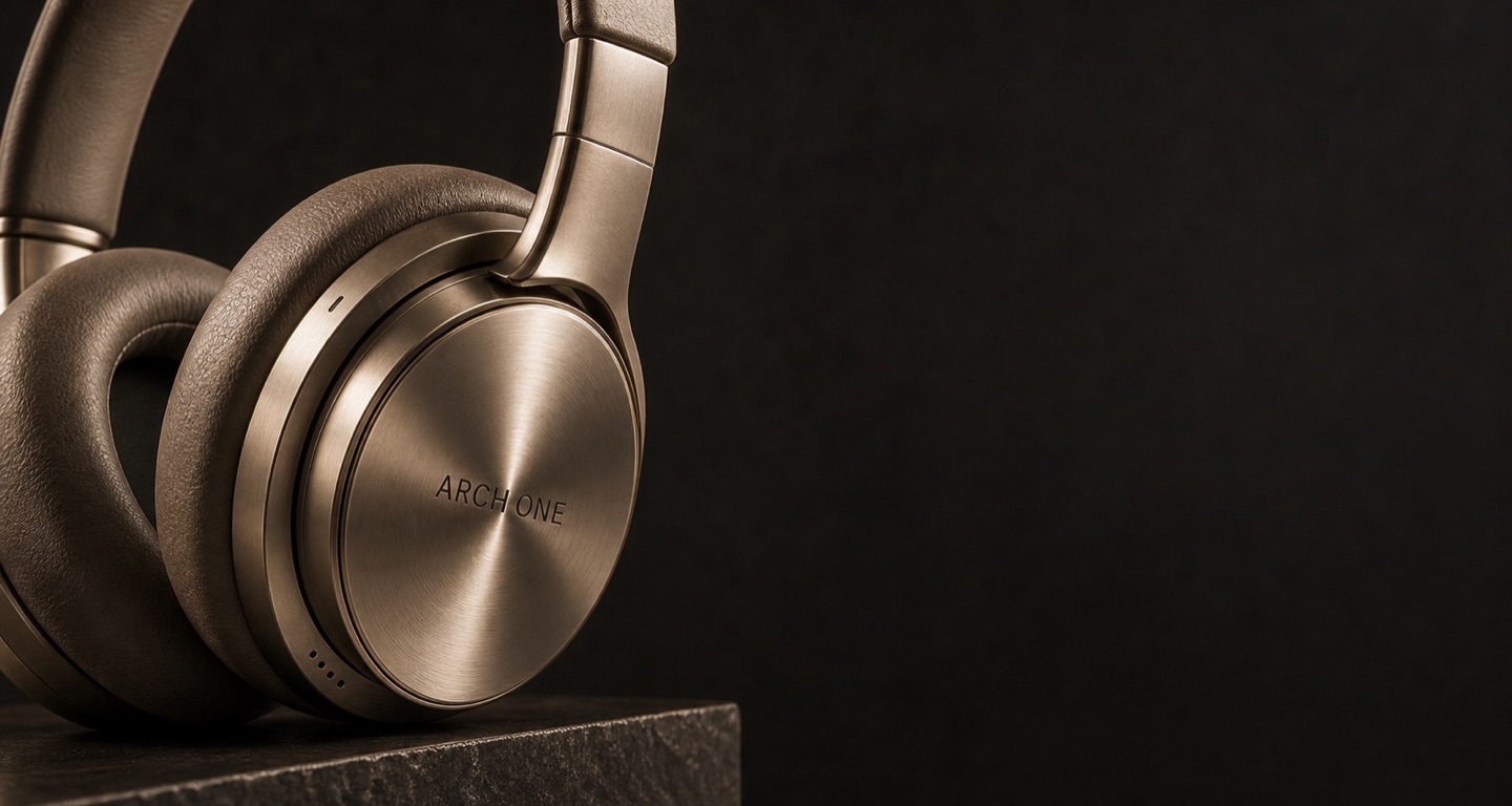 Close crop of Arch One headphones in warm low light